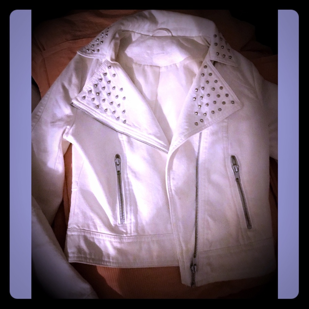H&M white denim biker jacket, silver studs.